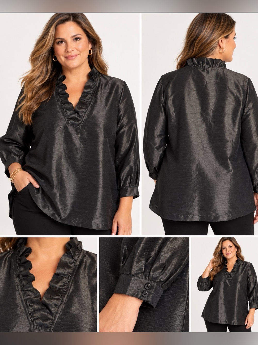 Crown & Ivy XXL Black Ruffle Neck Shimmer Tunic Blouse NWT